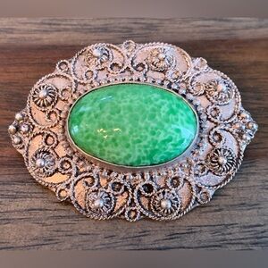Sterling Silver Brooch Jade-like Stone Stamp Made in Greece Sterlin 925 Vintage